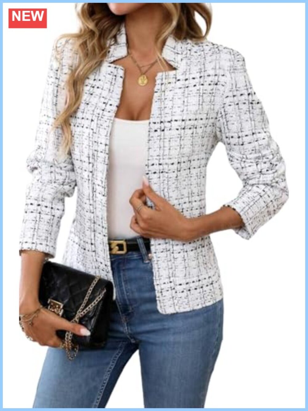 Womens Tweed Open Front Blazer Long Sleeve Notch Collar Slim Fit Business